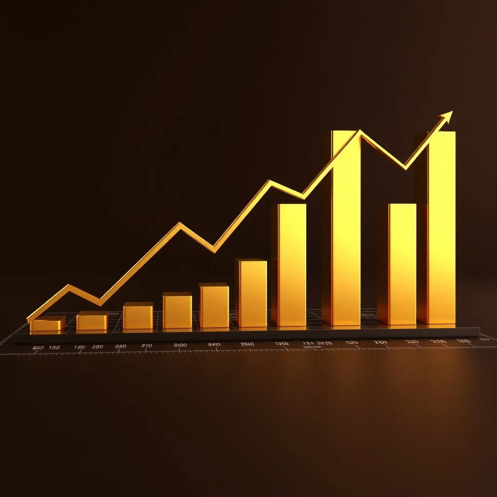 A technical 3D financial data visualization showing rising a