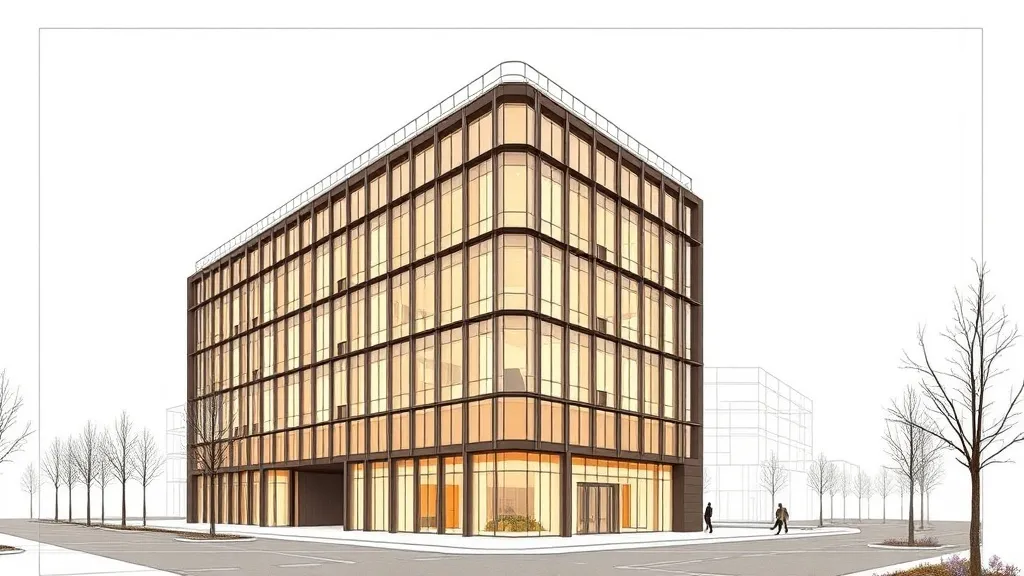 Technical architectural drawing of a modern financial buildi